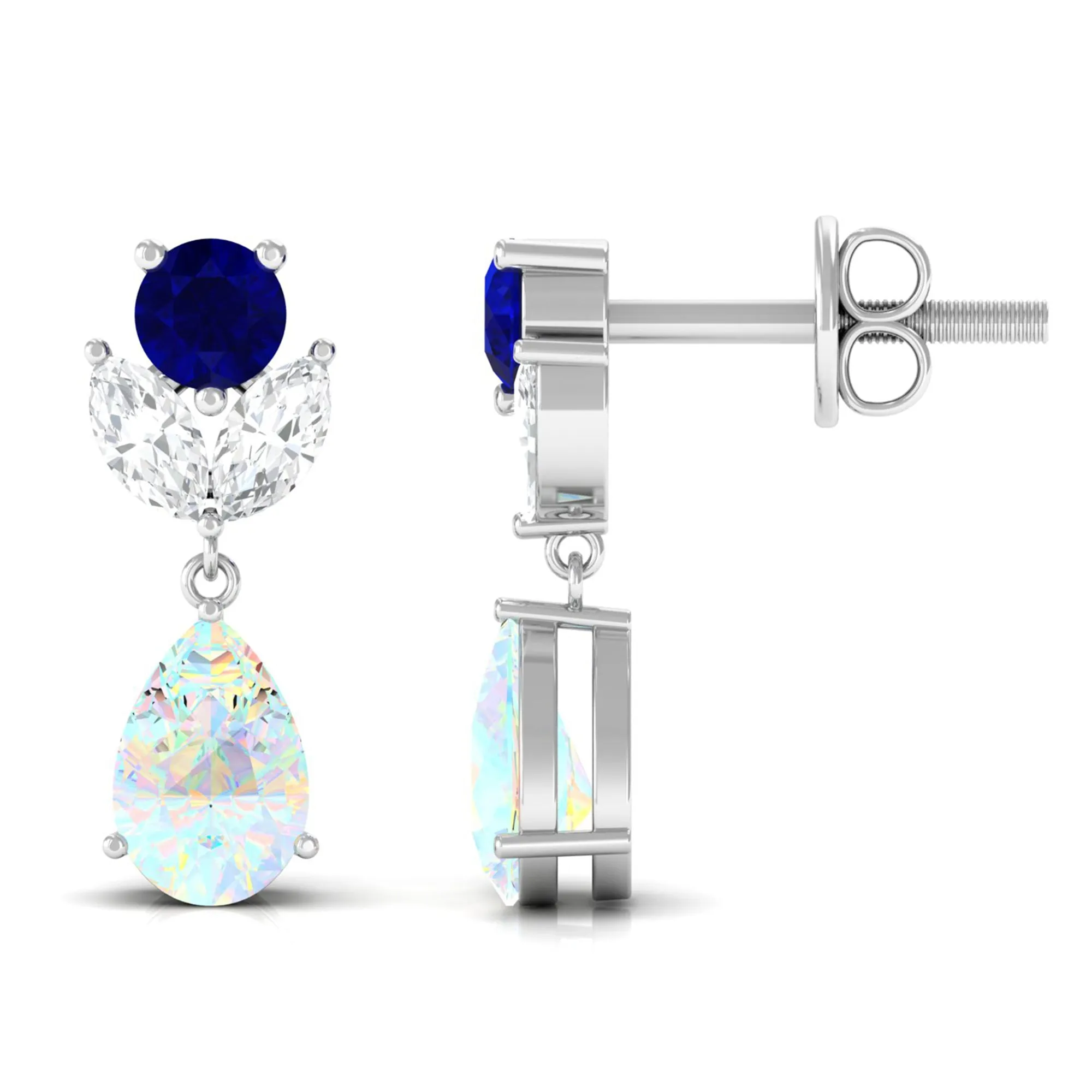 Ethiopian Opal and Blue Sapphire Cocktail Drop Earrings with Moissanite