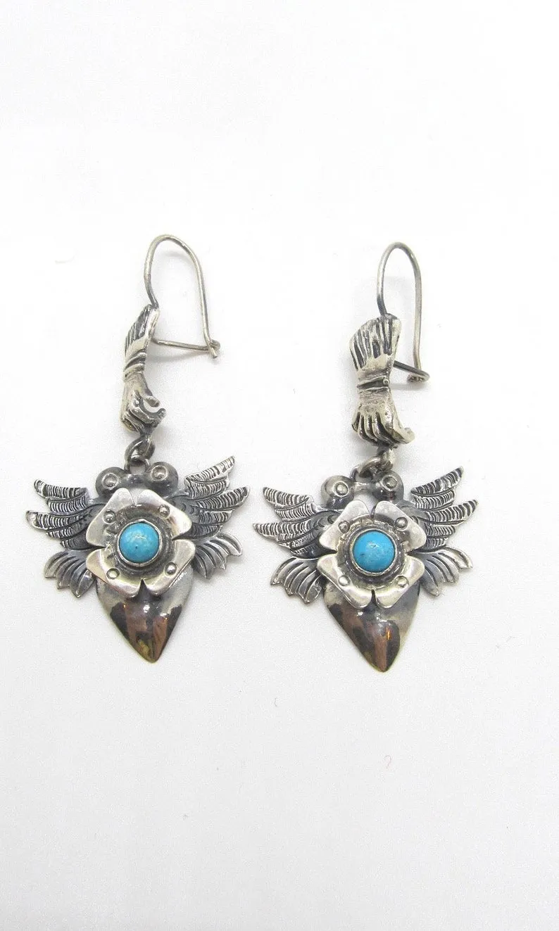 FEDERICO JIMENEZ Frida Kahlo Style Silver & Turquoise Mexican Earrings