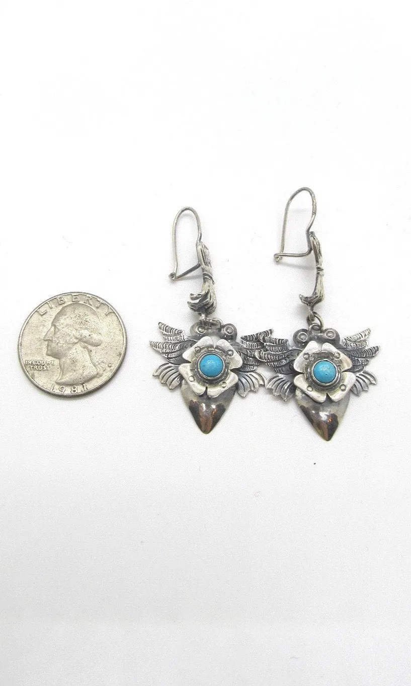 FEDERICO JIMENEZ Frida Kahlo Style Silver & Turquoise Mexican Earrings