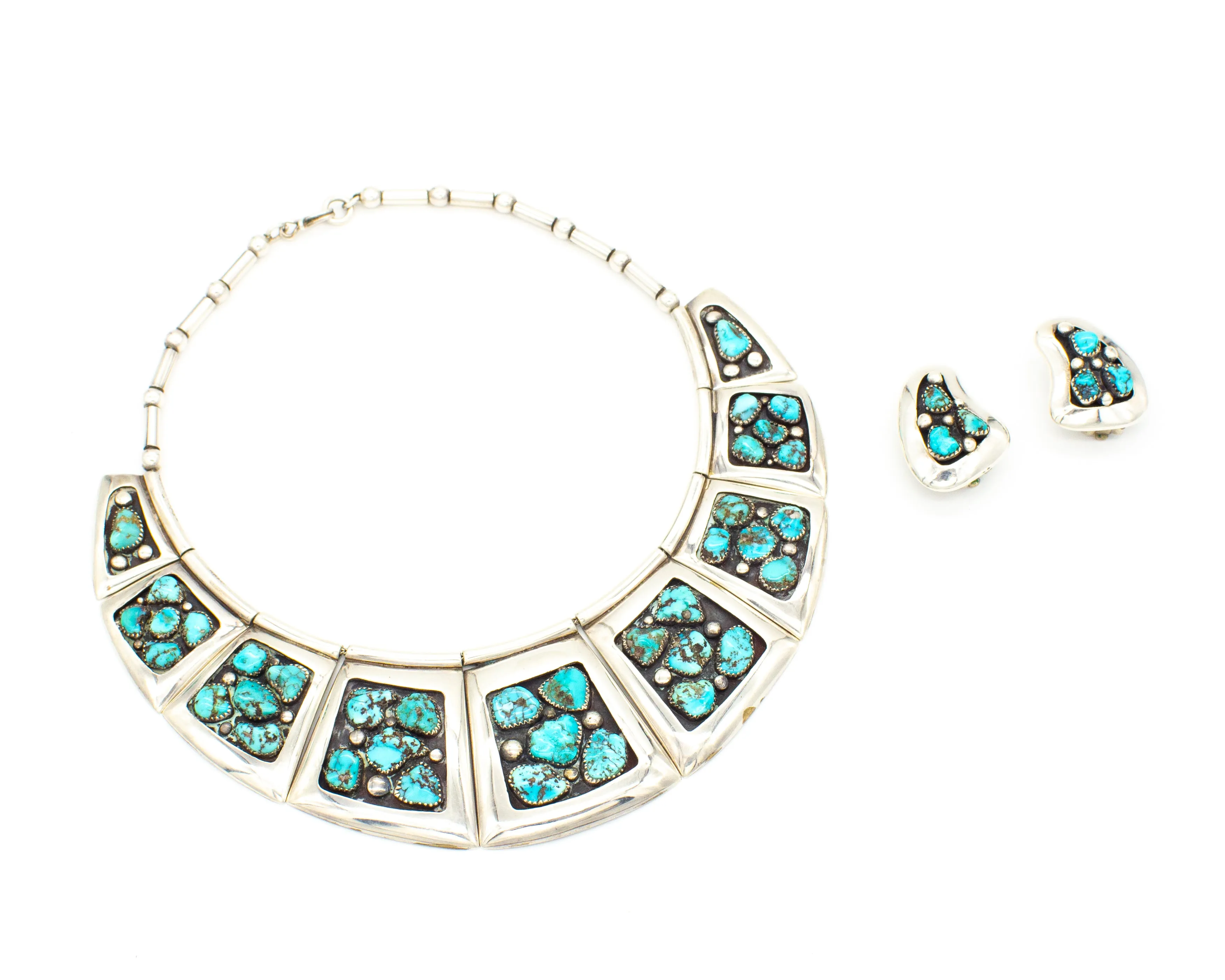 Frank Patania Sr. Thunderbird Shop Handmade Sterling Silver Turquoise Necklace & Earrings Set