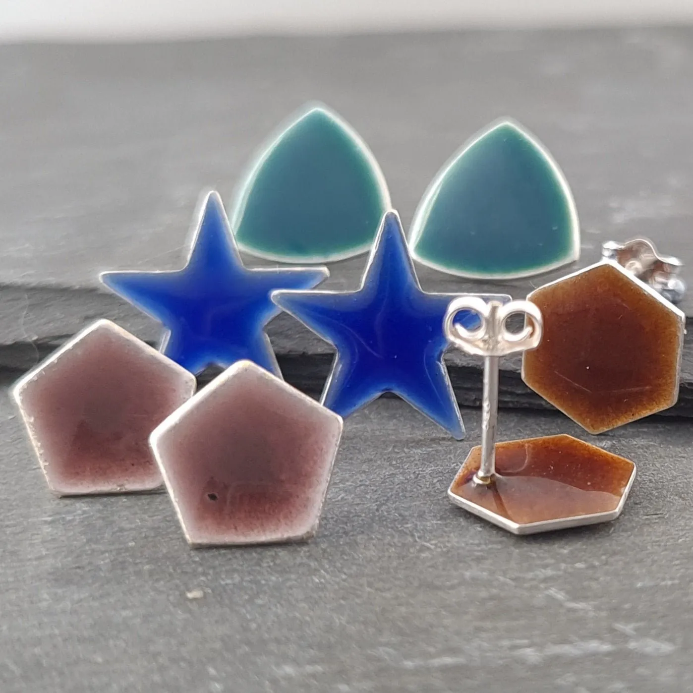 Geometric Enamelled Earrings in Sterling Silver on cards