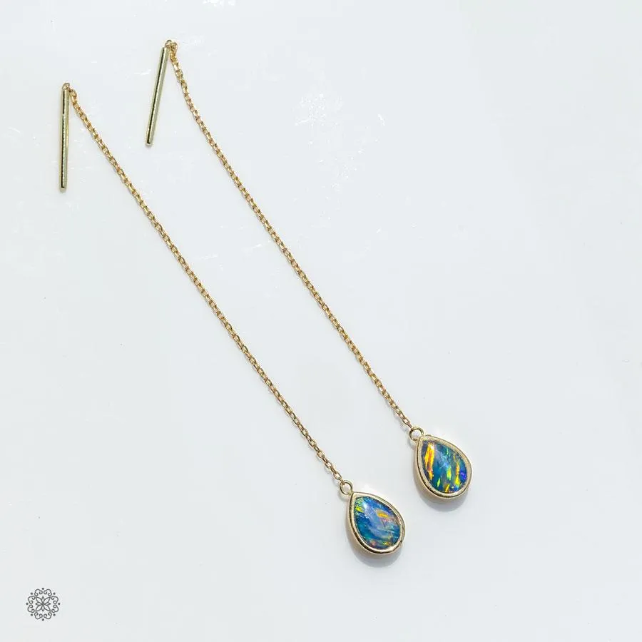 Geometric Pear Shaped Australian Doublet Opal Drop Earrings 14K Yellow Gold