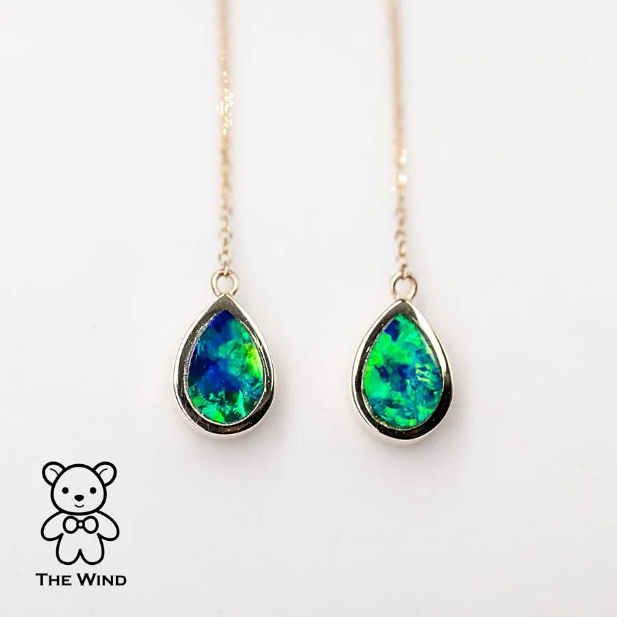 Geometric Pear Shaped Australian Doublet Opal Drop Earrings 14K Yellow Gold