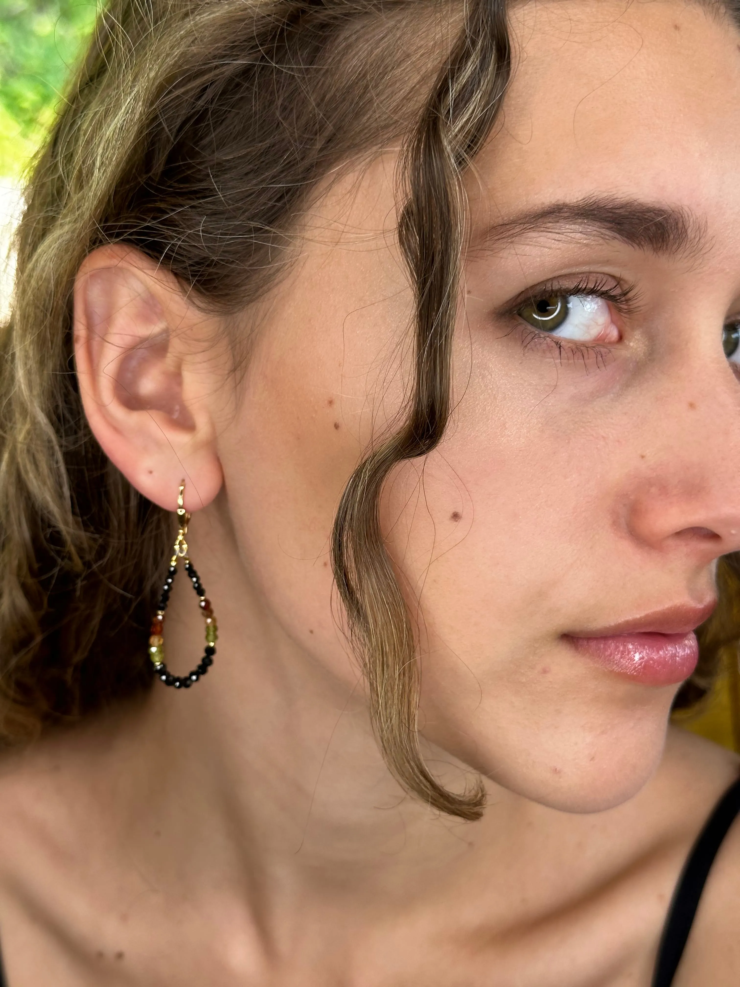 Gold Leverback Earrings with Spinel, Hessonite, Zircon