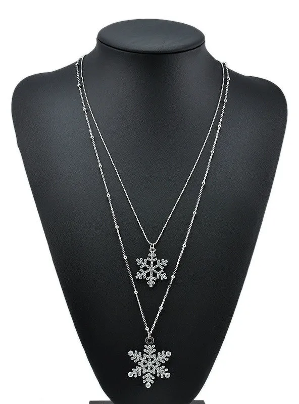 Gold Rhinestone Snowflake Pendant Long Chian Necklace