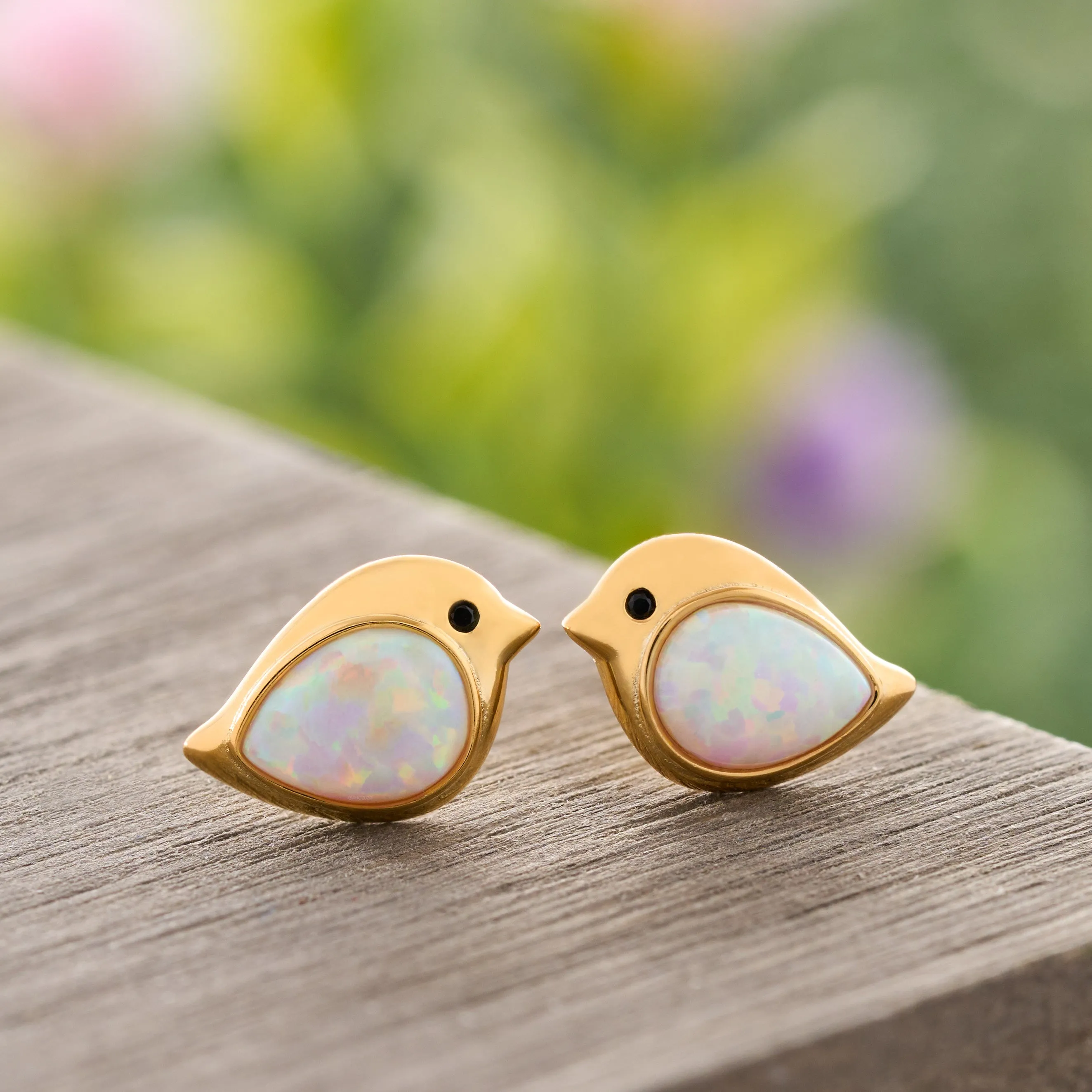 Gold Sterling Silver White Opal Birdie Studs