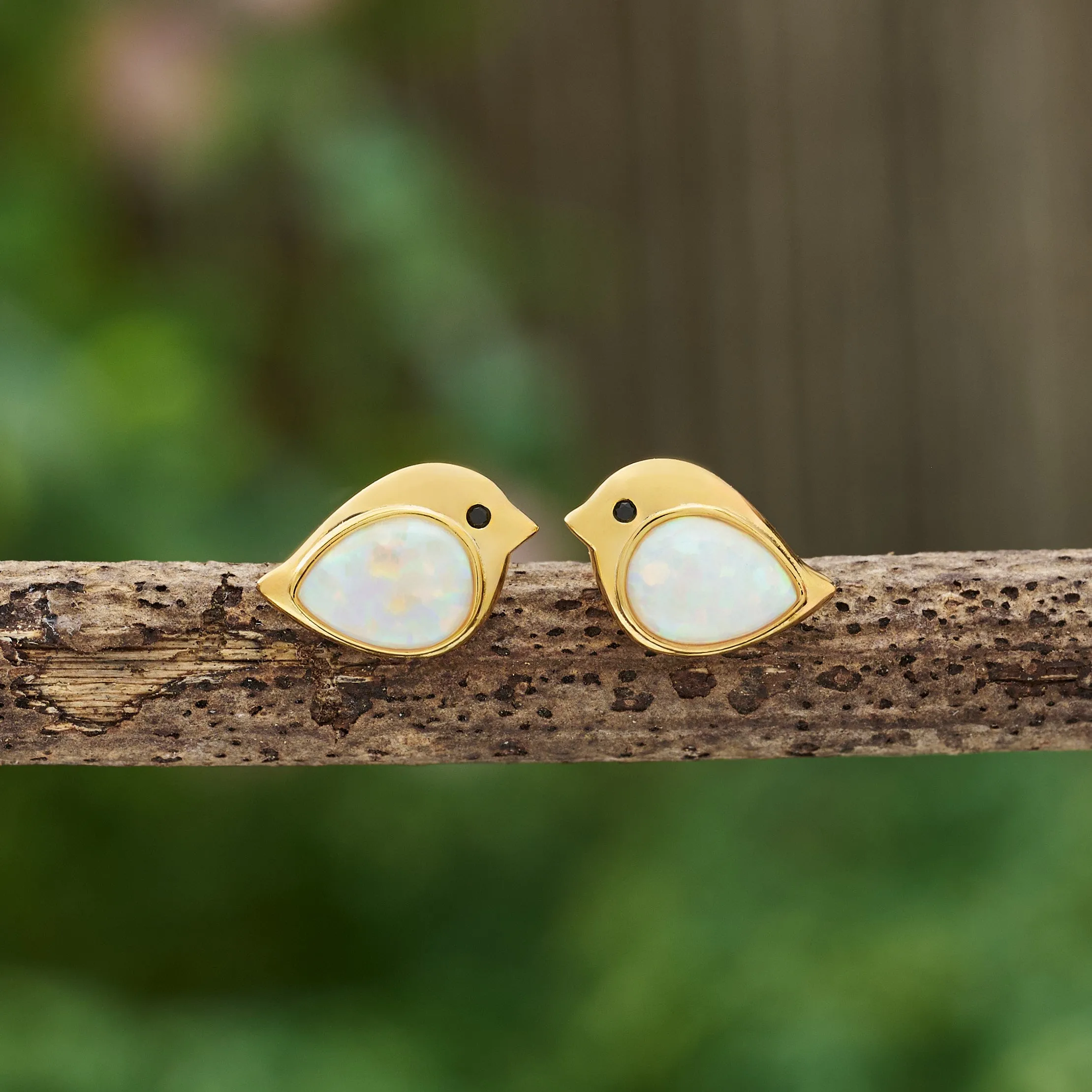 Gold Sterling Silver White Opal Birdie Studs