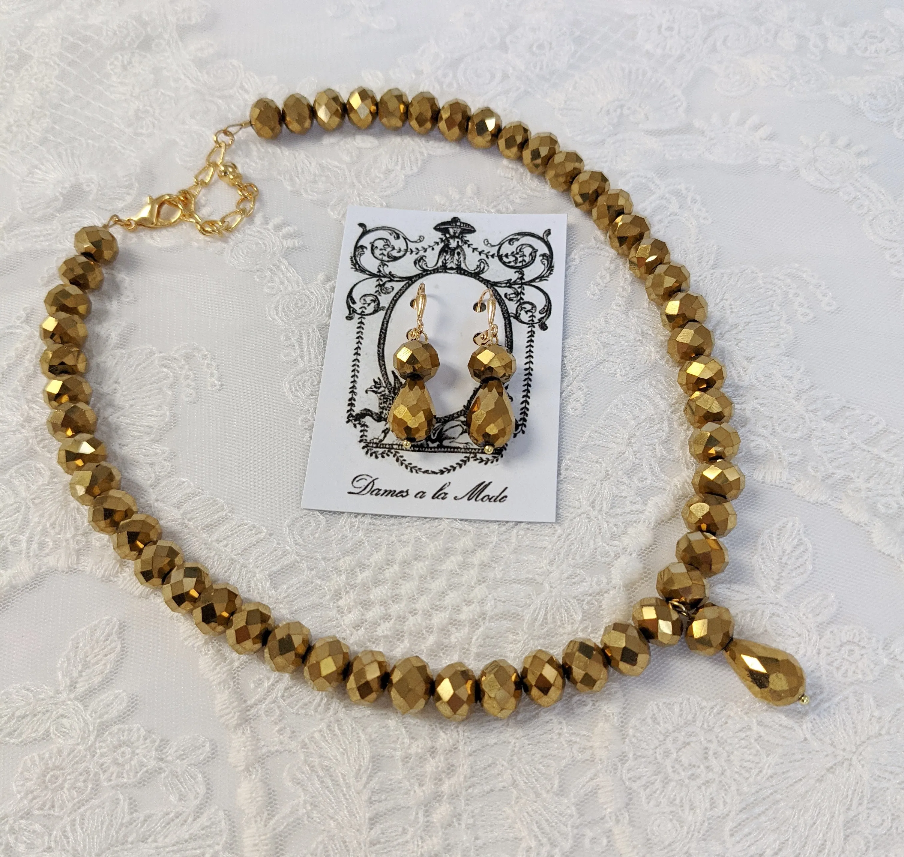 Golden Beaded Necklace - Faceted w/ Teardrop