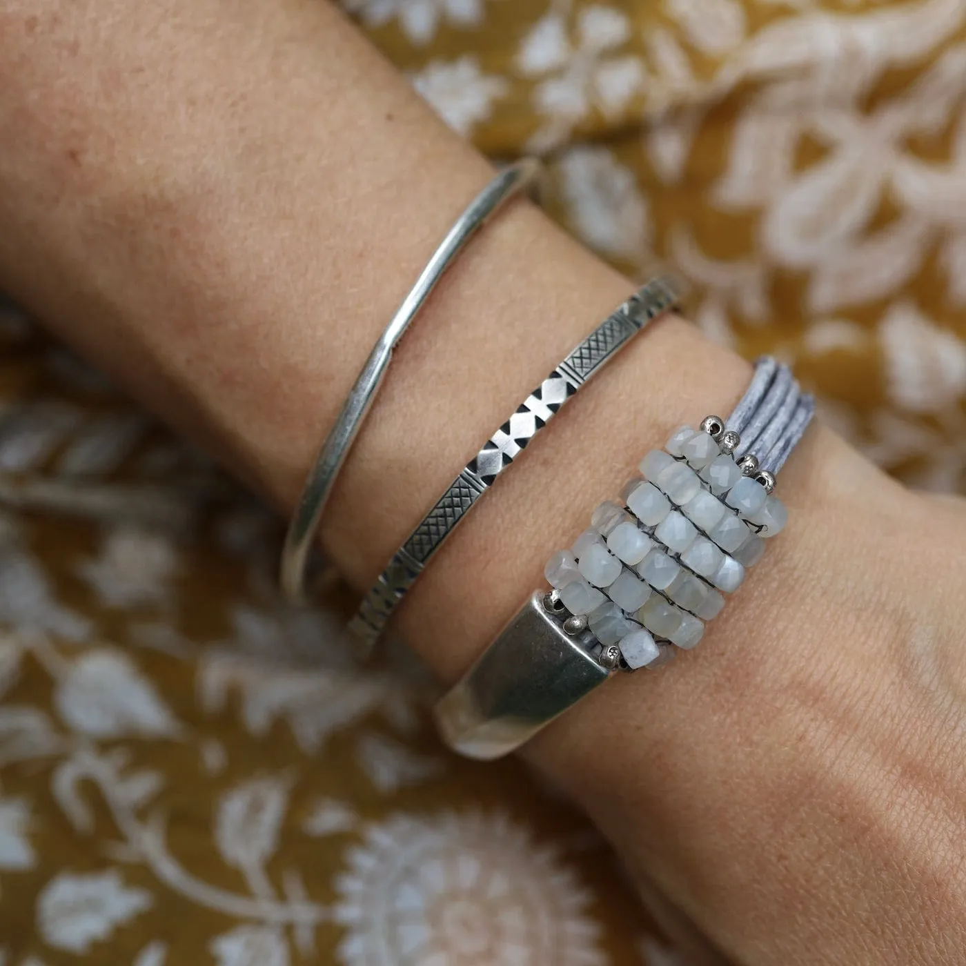 Hand Stitched Moonstone Cubes Half Cuff Bracelet