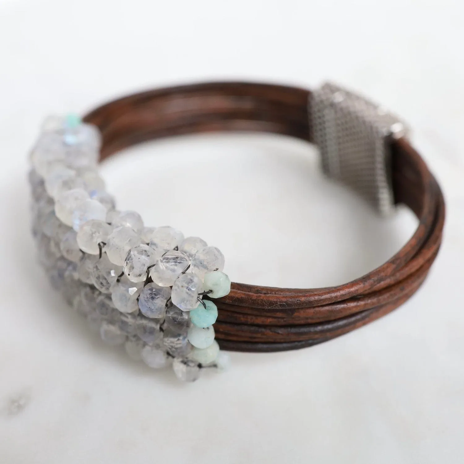 Hand Stitched Moonstone with Peruvian Opal Trim on Leather Bracelet