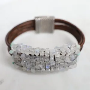 Hand Stitched Moonstone with Peruvian Opal Trim on Leather Bracelet