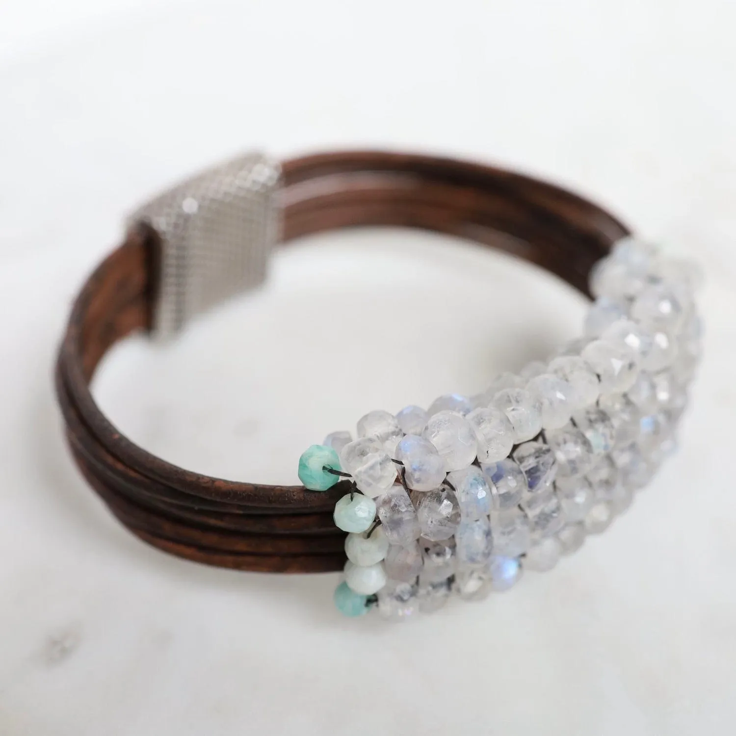 Hand Stitched Moonstone with Peruvian Opal Trim on Leather Bracelet