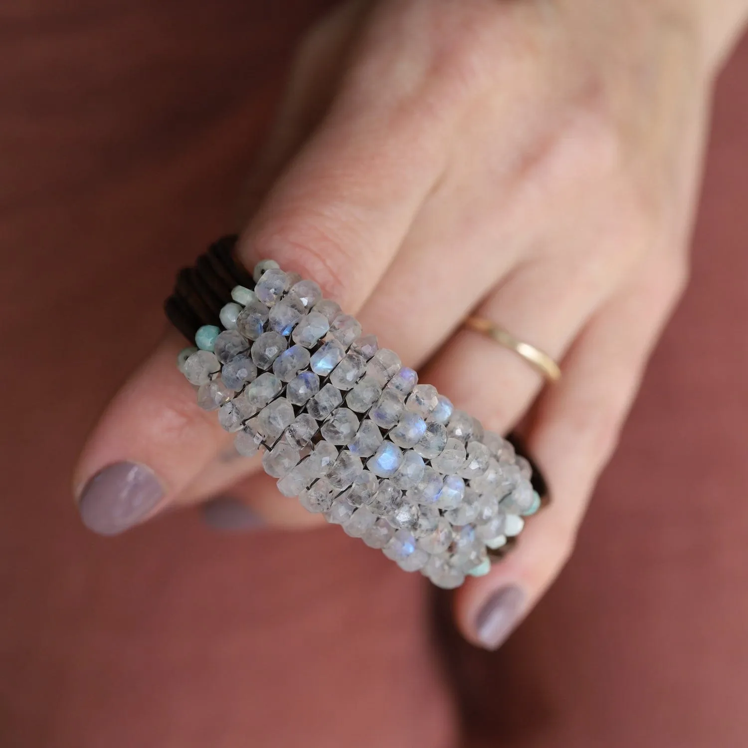 Hand Stitched Moonstone with Peruvian Opal Trim on Leather Bracelet