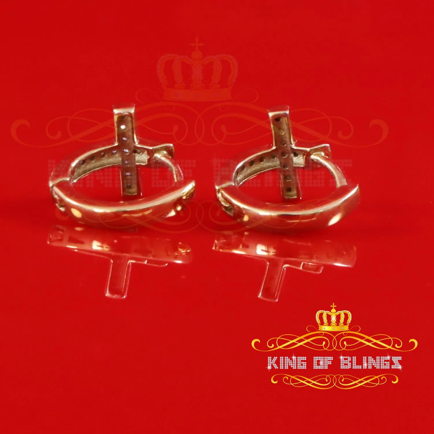 King of Blings-0.15ct Diamond 925 Sterling Silver Yellow Hoop Stud cross Earring For Men /Women