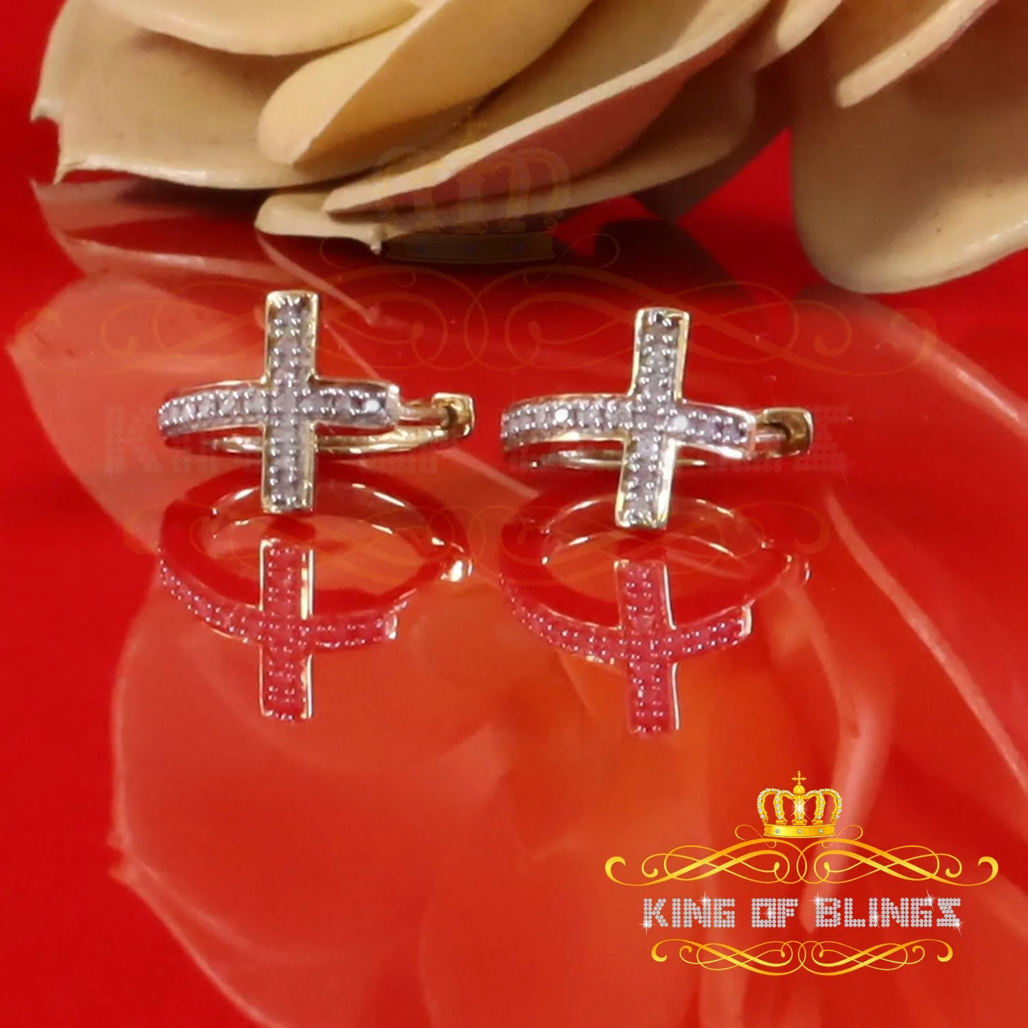 King of Blings-0.15ct Diamond 925 Sterling Silver Yellow Hoop Stud cross Earring For Men /Women