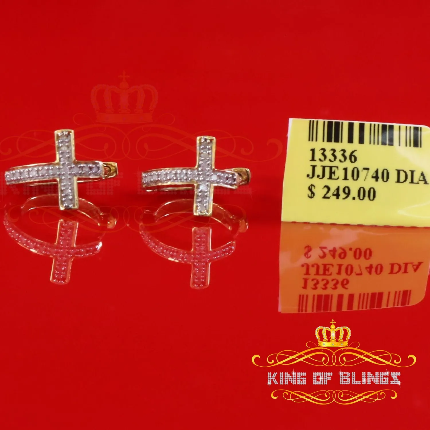 King of Blings-0.15ct Diamond 925 Sterling Silver Yellow Hoop Stud cross Earring For Men /Women