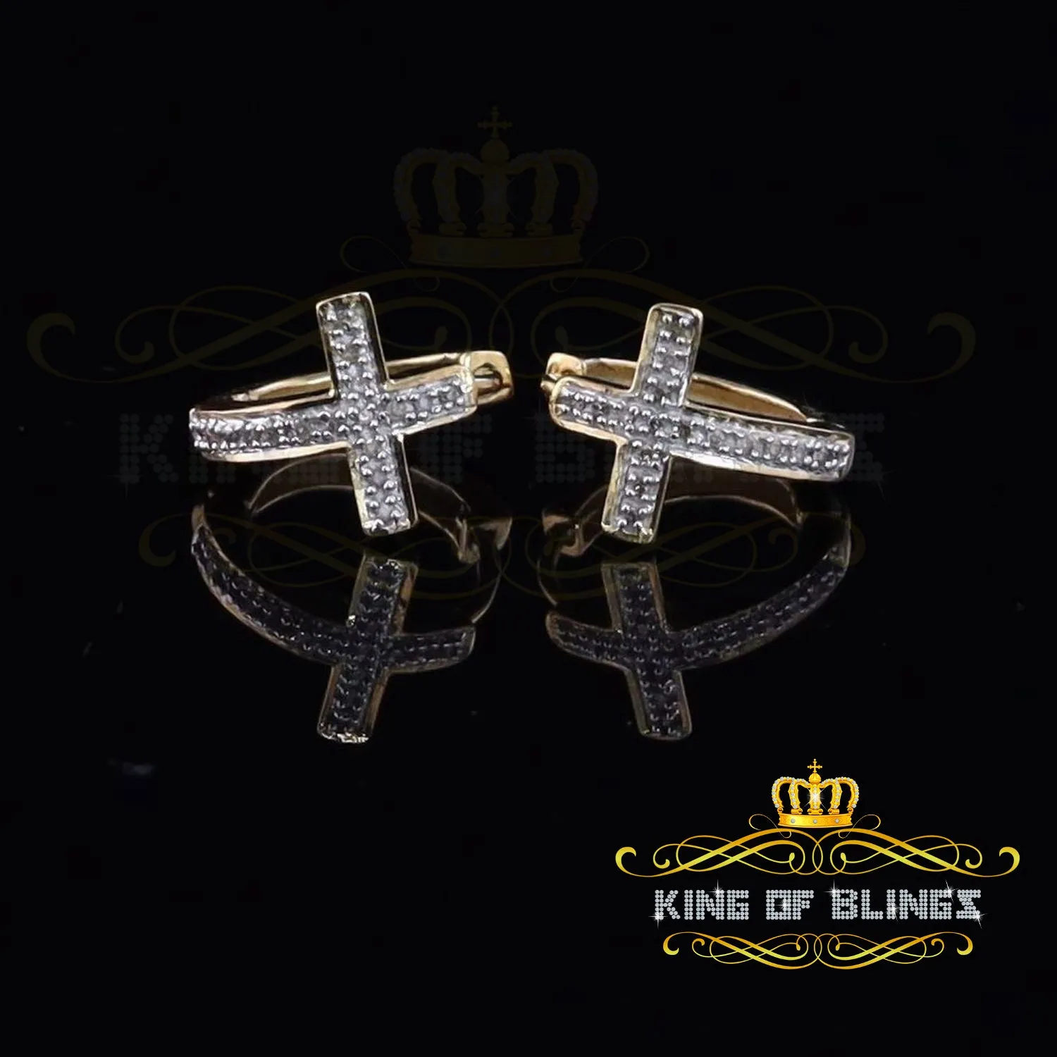 King of Blings-0.15ct Diamond 925 Sterling Silver Yellow Hoop Stud cross Earring For Men /Women