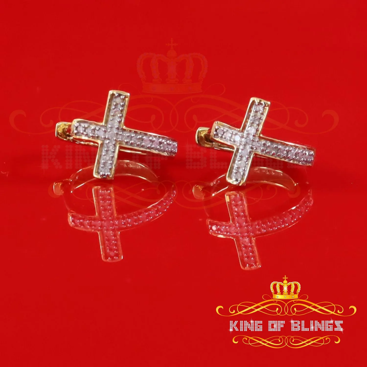 King of Blings-0.15ct Diamond 925 Sterling Silver Yellow Hoop Stud cross Earring For Men /Women