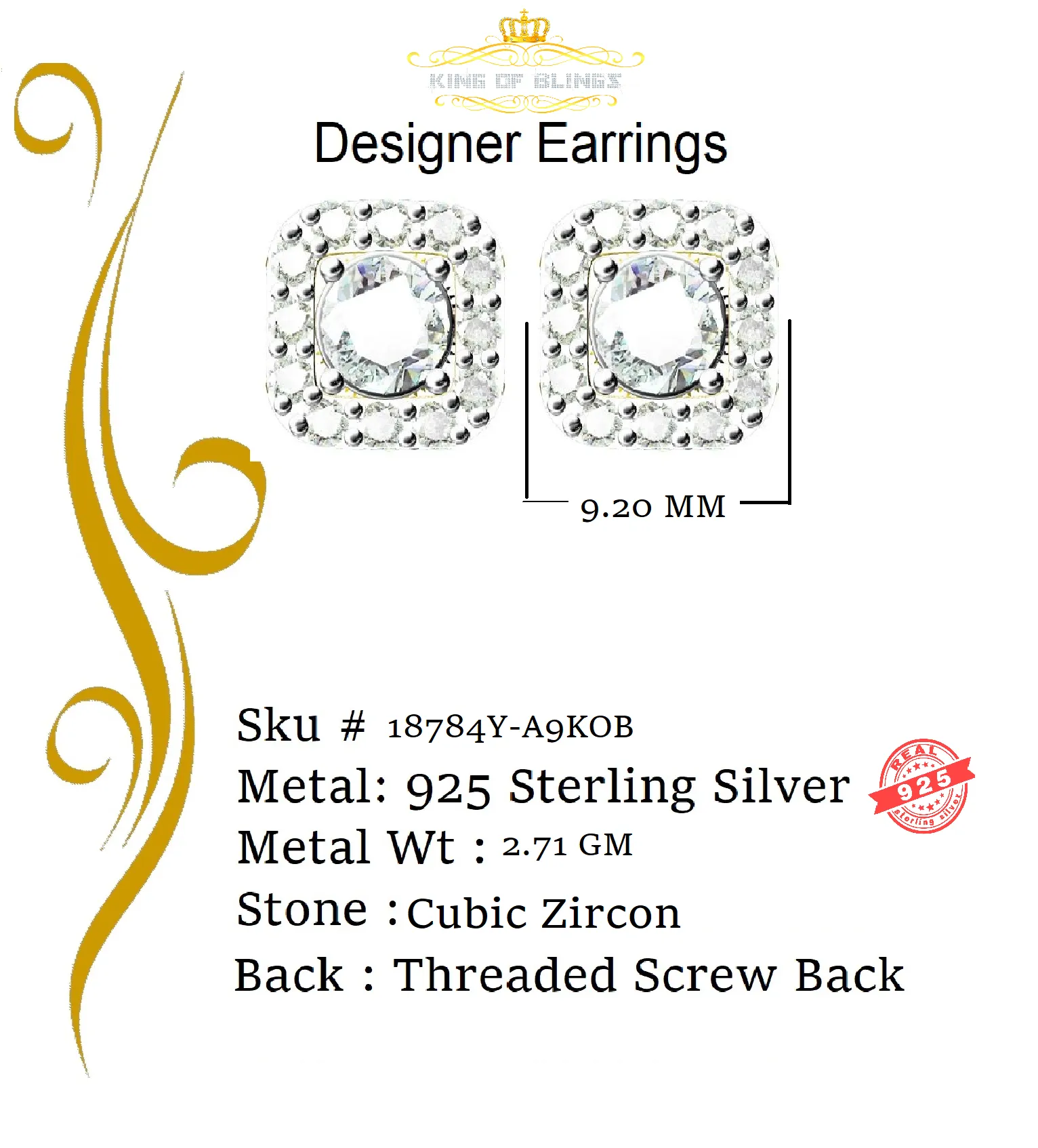 King of Bling's 3.8ct Cubic Zirconia 925 Yellow Silver Women's & Men's Hip Hop Square Earrings