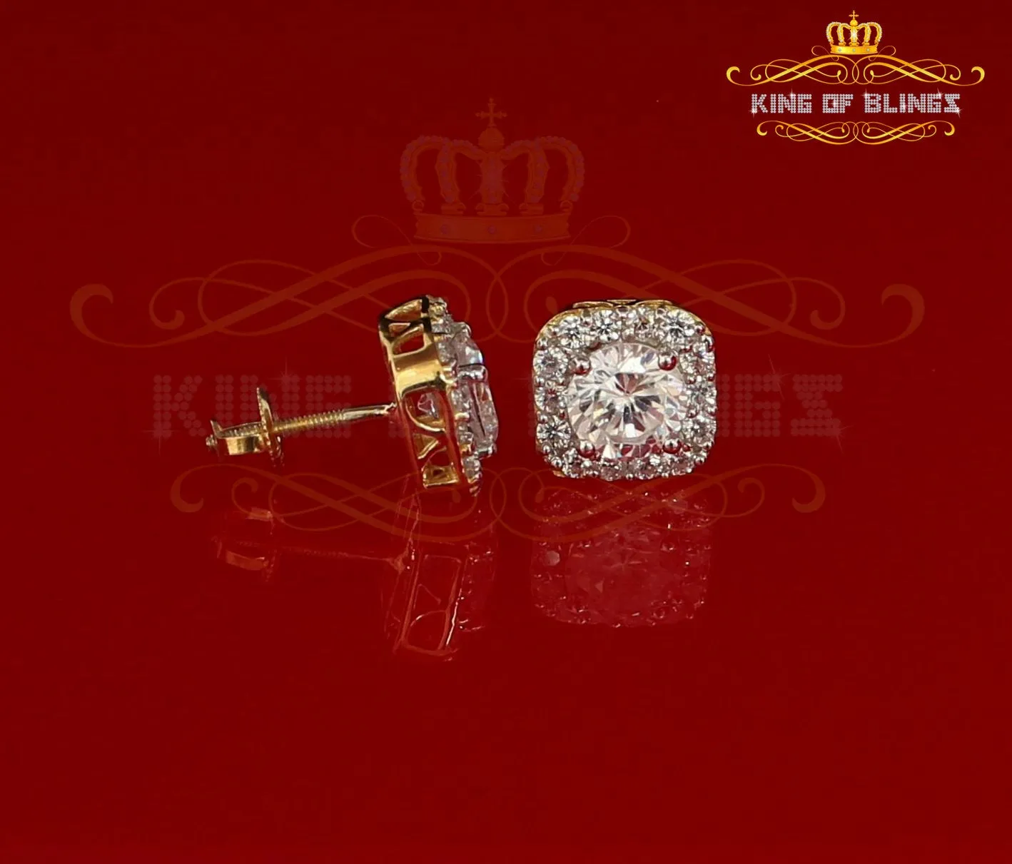 King of Bling's 3.8ct Cubic Zirconia 925 Yellow Silver Women's & Men's Hip Hop Square Earrings