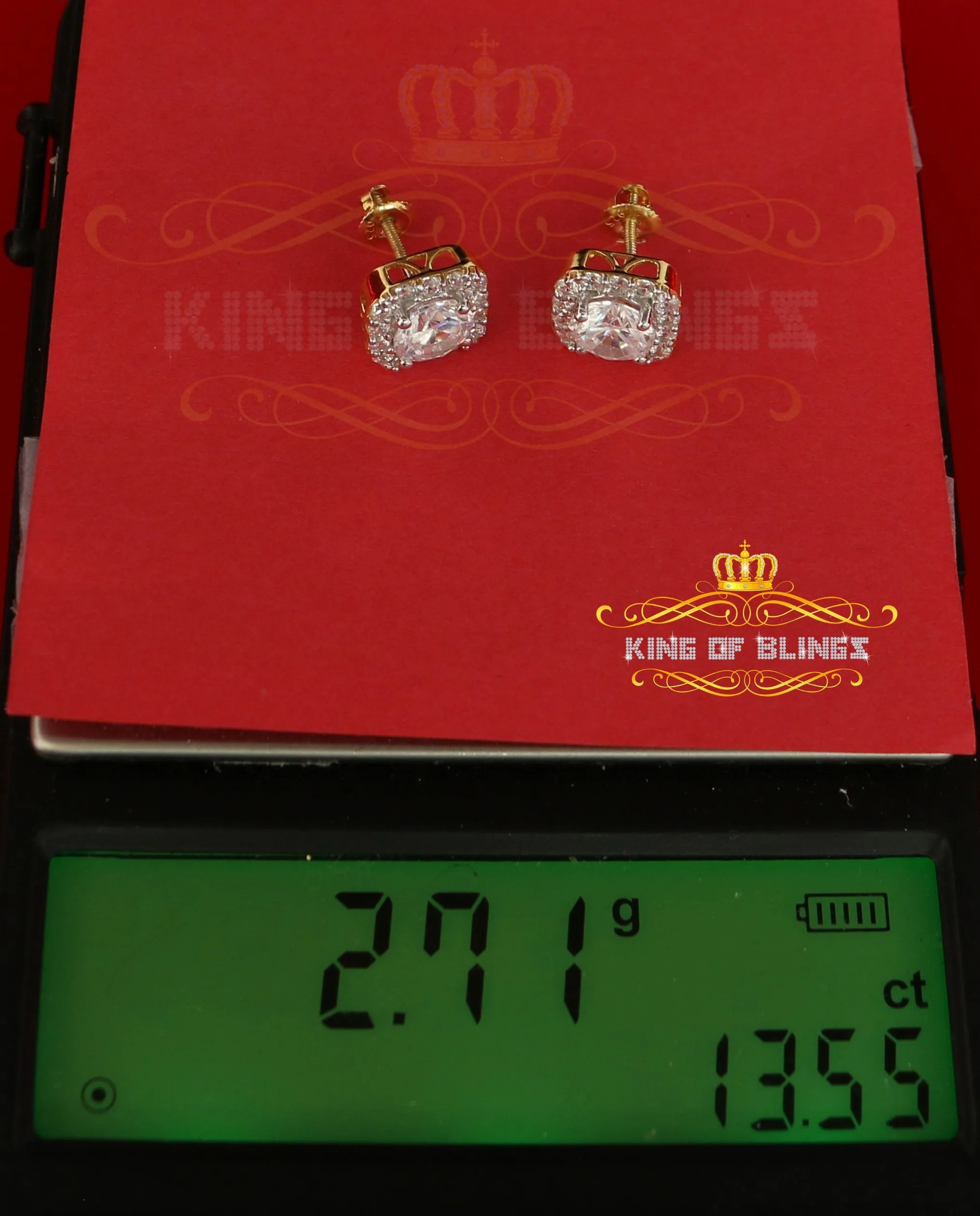 King of Bling's 3.8ct Cubic Zirconia 925 Yellow Silver Women's & Men's Hip Hop Square Earrings