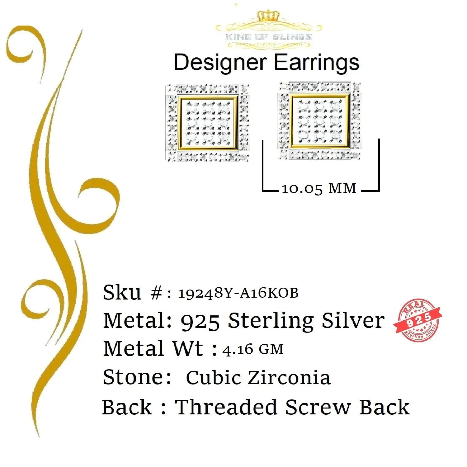 King of Bling's 925 Silver Yellow Elegant Square Screw Back 0.99ct Cubic Zirconia Women Earrings