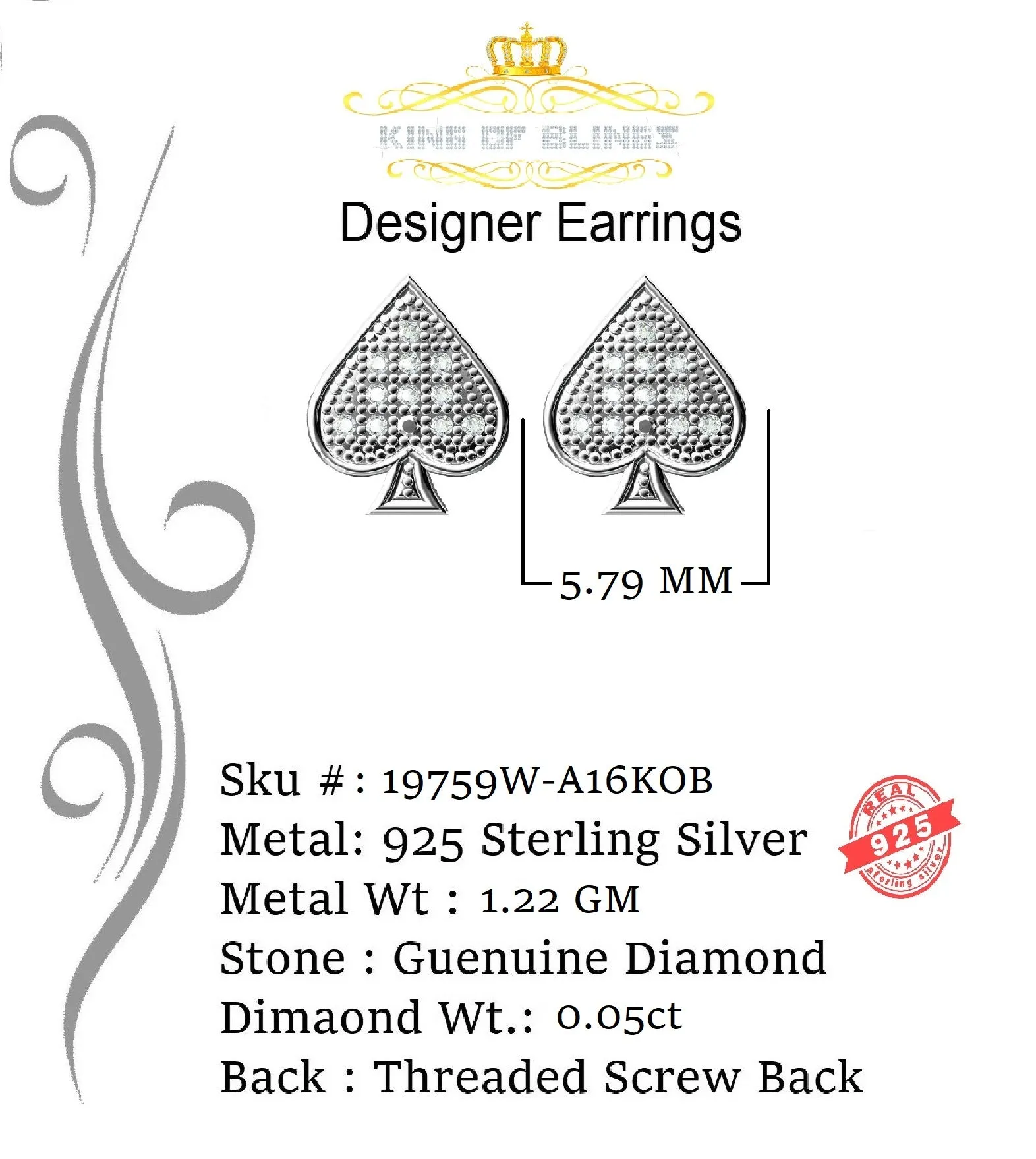 King Of Bling's 925 Sterling Silver White 0.05ct Diamond For Women's & Men's Stud Heart Earrings