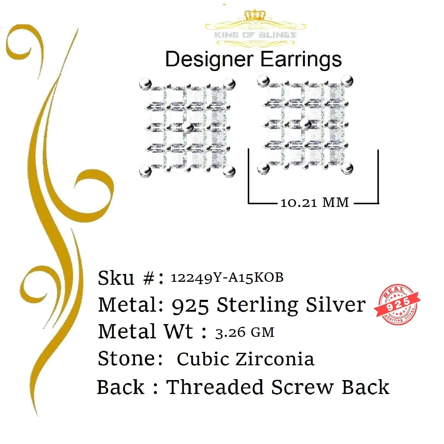 King of Bling's 925 Yellow Silver 2.88ct Cubic Zirconia Women's & Men's Hip Hop Square Earrings