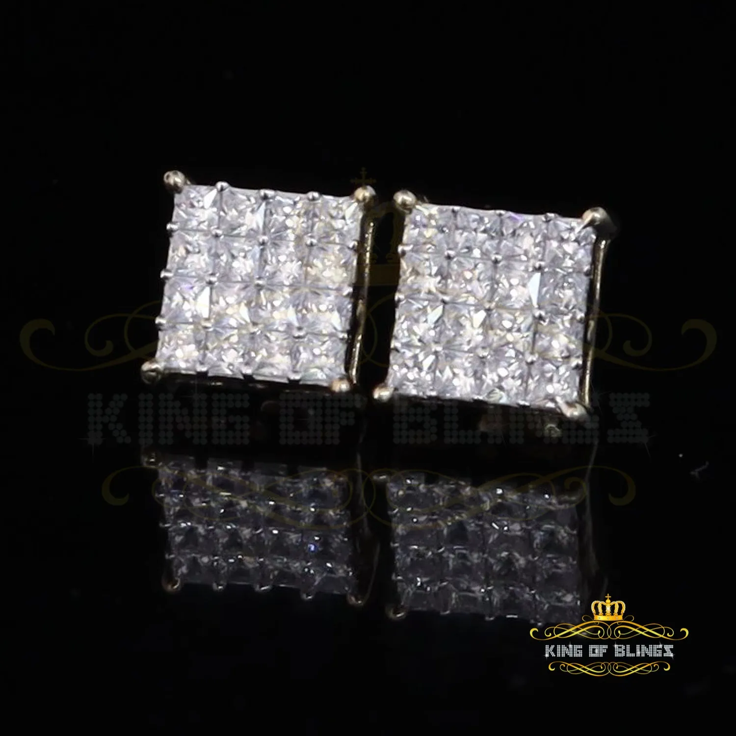 King of Bling's 925 Yellow Silver 2.88ct Cubic Zirconia Women's & Men's Hip Hop Square Earrings