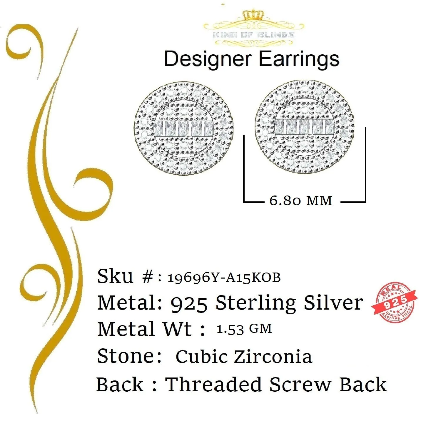 King of Bling's Aretes Para Hombre 925 Yellow Silver 0.54ct Cubic Zirconia Round Women's Earring