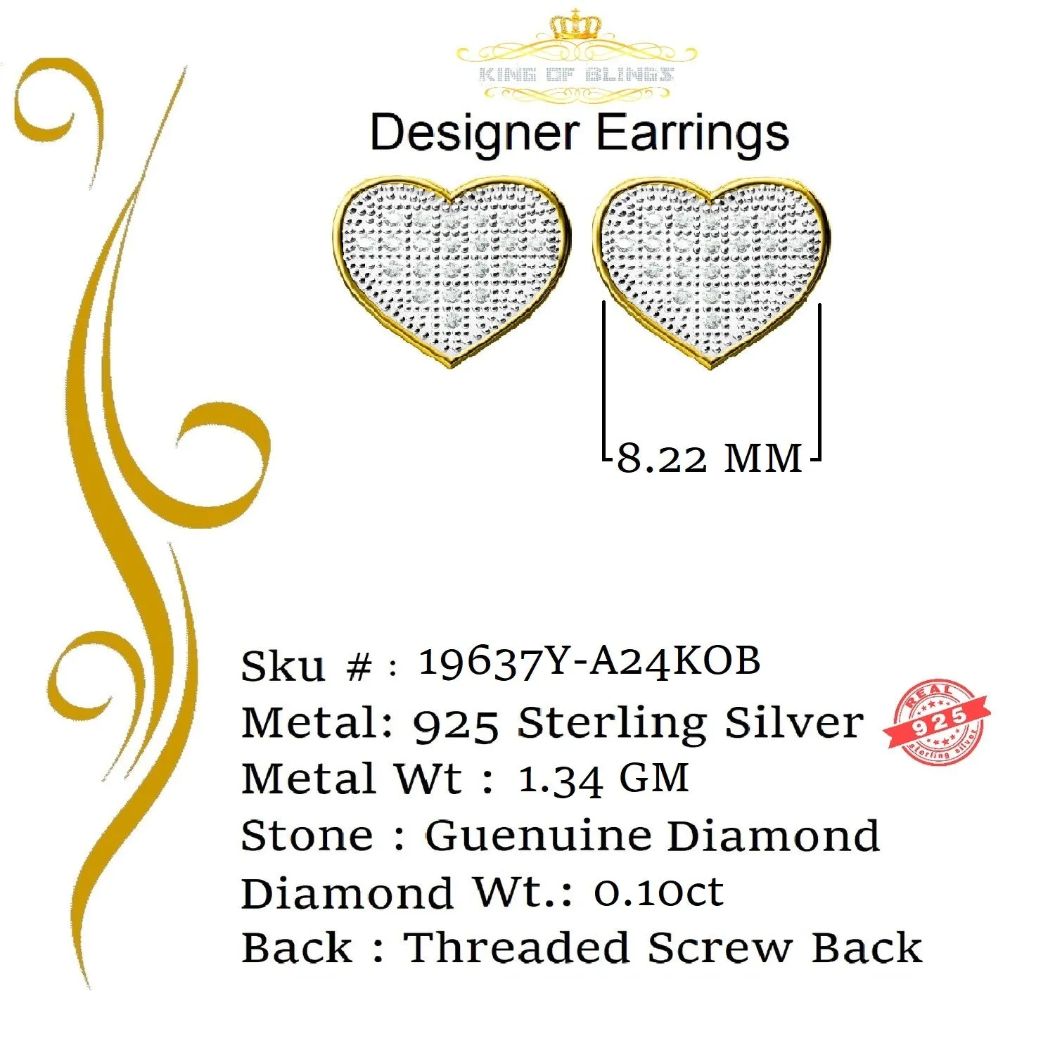 King of Blings-Aretes Para Hombre Heart 925 Yellow Silver 0.10ct Diamond Women's /Men's Earring