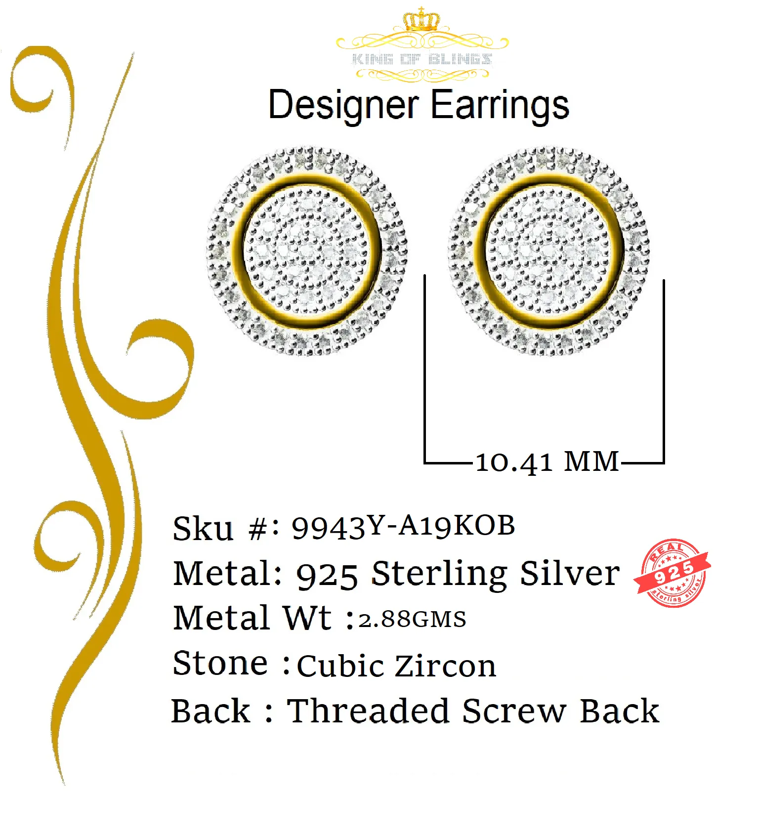 King of Bling's Elegant Yellow 925 Silver Screw Back 0.69ct Cubic Zirconia Round Women Earrings