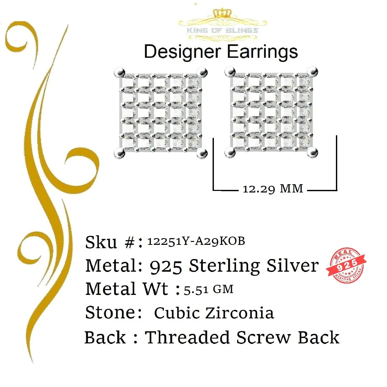 King of Bling's Yellow 925 Silver Screw Back 2.25ct Cubic Zirconia Women Hip Hop Square Earrings