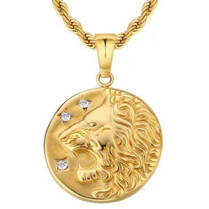 Lion Gold Coin Pendant Necklace with Rope Chain for Men