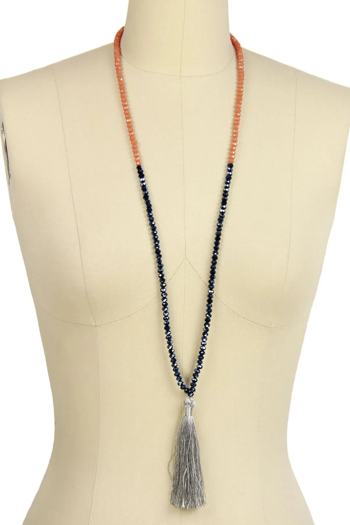 Long beaded tassel necklace Champagne with Hematite