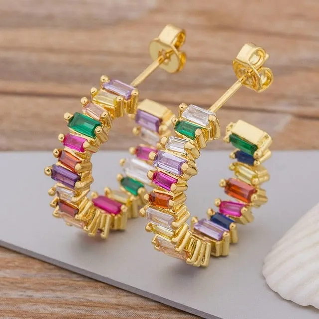 Luxury Crystal Zircon Stone Earrings Fashion Copper CZ Gold Rainbow Jewelry Boho Stud Earrings