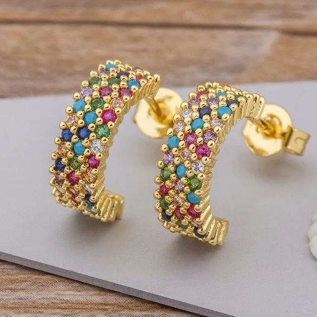 Luxury Crystal Zircon Stone Earrings Fashion Copper CZ Gold Rainbow Jewelry Boho Stud Earrings