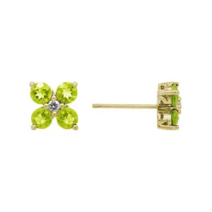 Mountz Collection Peridot and Diamond Flower Stud Earrings in 14K Yellow Gold