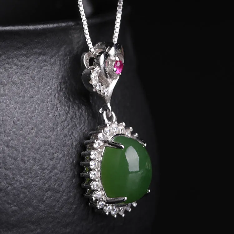 Natural Jade Pendant Nephrite Silver Zircon Pendant ZPT172