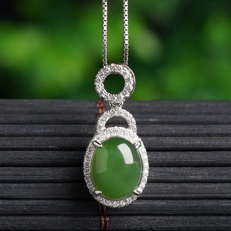 Natural Jade Pendant Nephrite Silver Zircon Pendant ZPT186