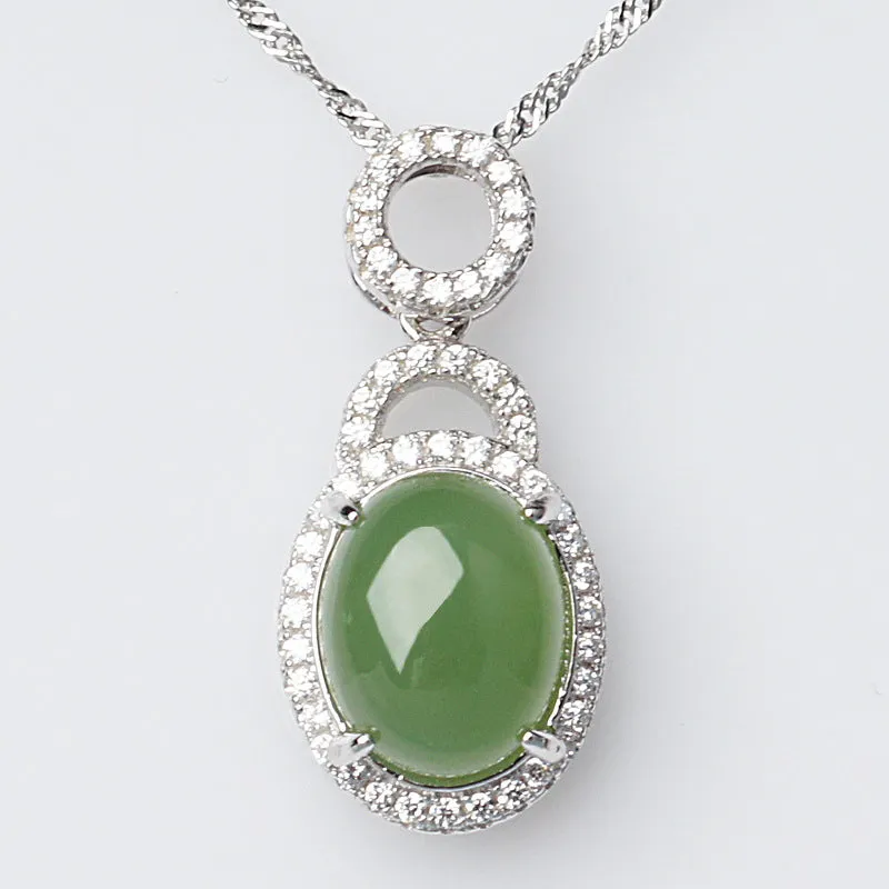 Natural Jade Pendant Nephrite Silver Zircon Pendant ZPT186