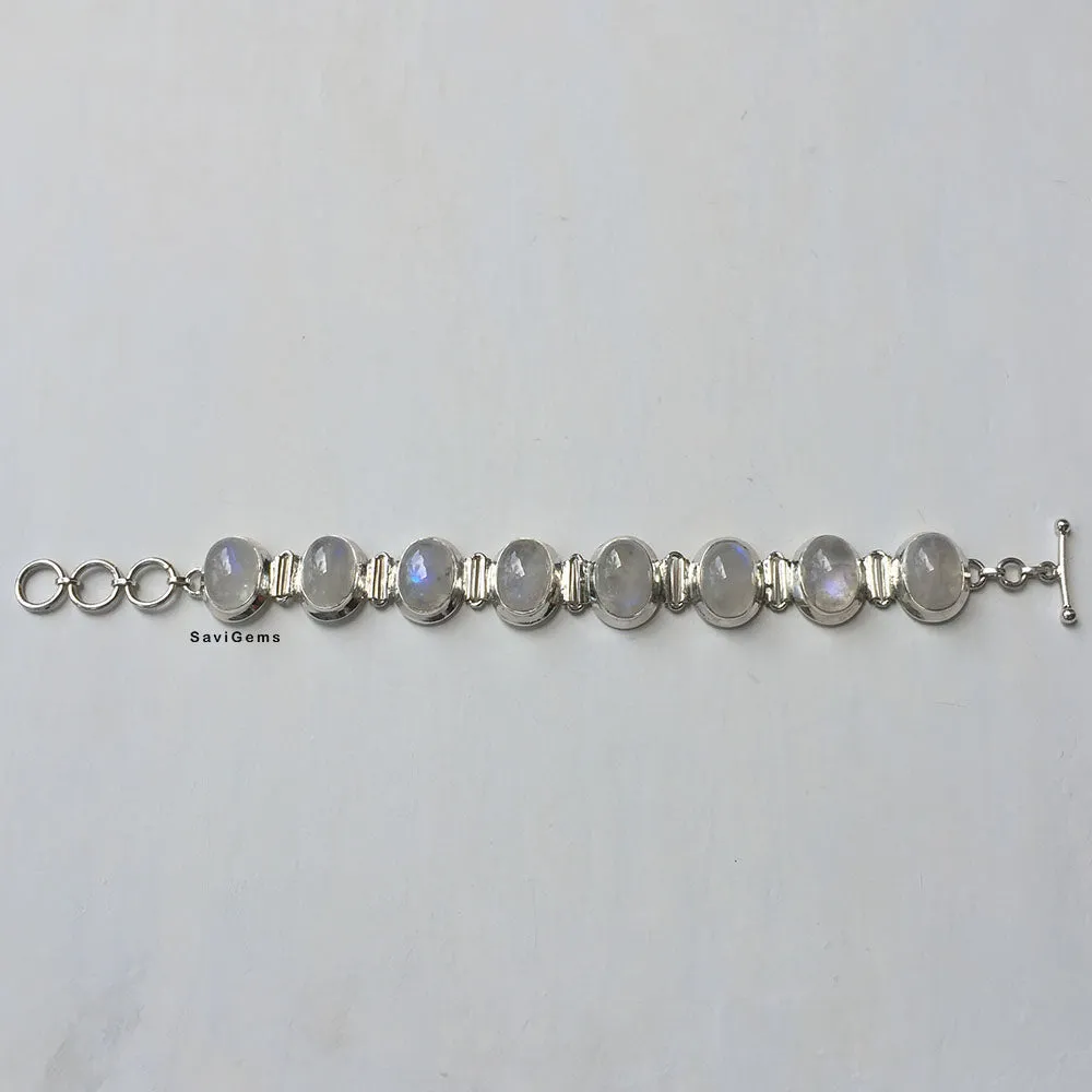 Natural Rainbow Moonstone 925 Silver Bracelet