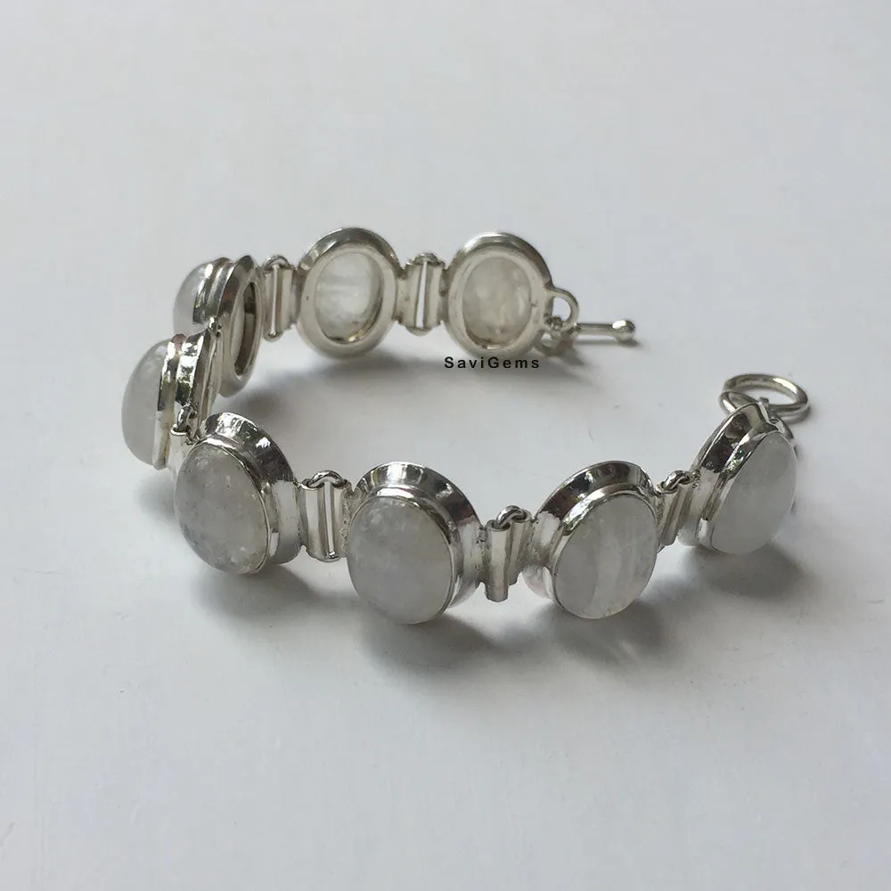 Natural Rainbow Moonstone 925 Silver Bracelet