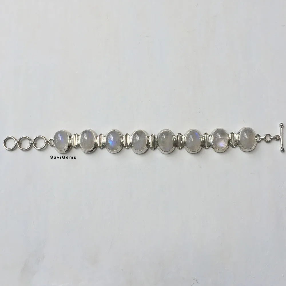 Natural Rainbow Moonstone 925 Silver Bracelet