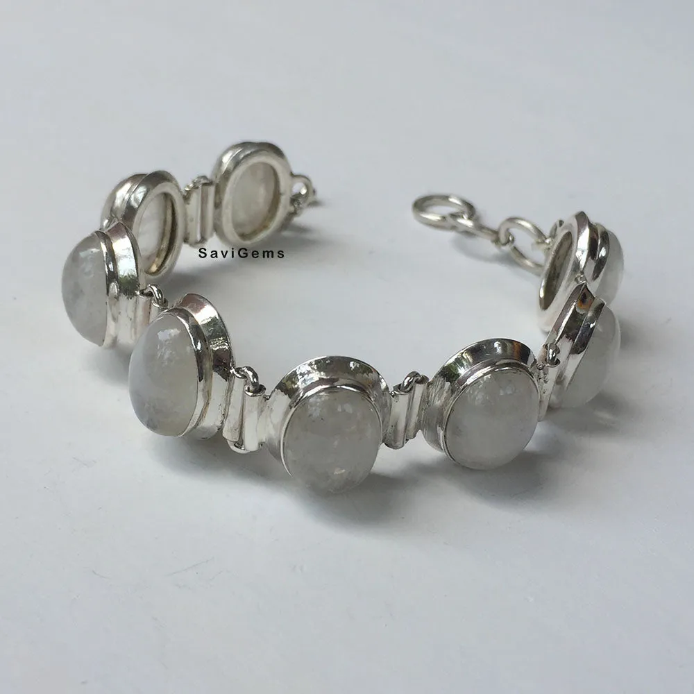 Natural Rainbow Moonstone 925 Silver Bracelet