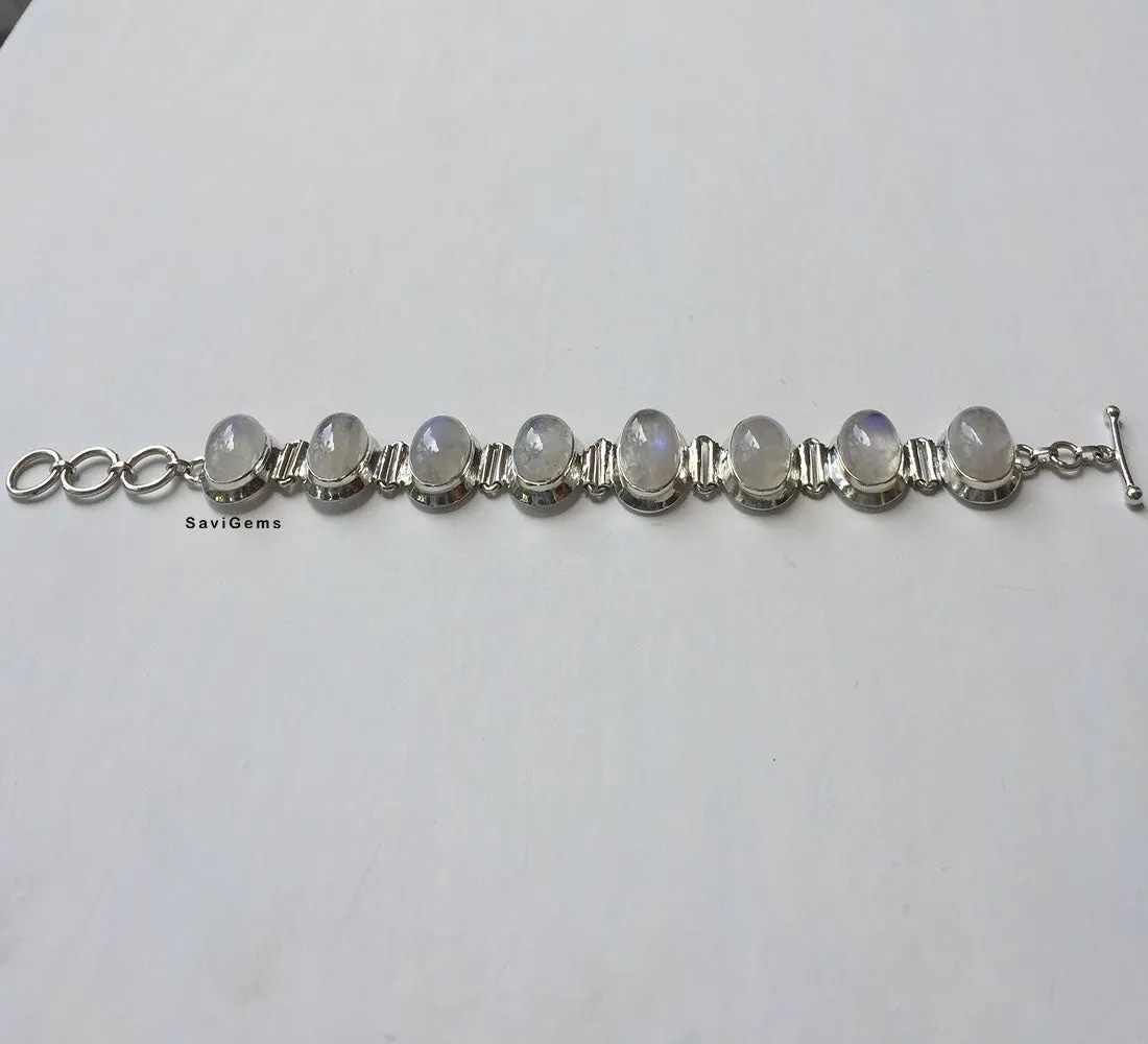 Natural Rainbow Moonstone 925 Silver Bracelet