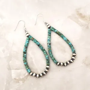 Navajo Pearls & Blue Turquoise Heishi Tear Drop Dangle Earrings Sterling Silver NPE008