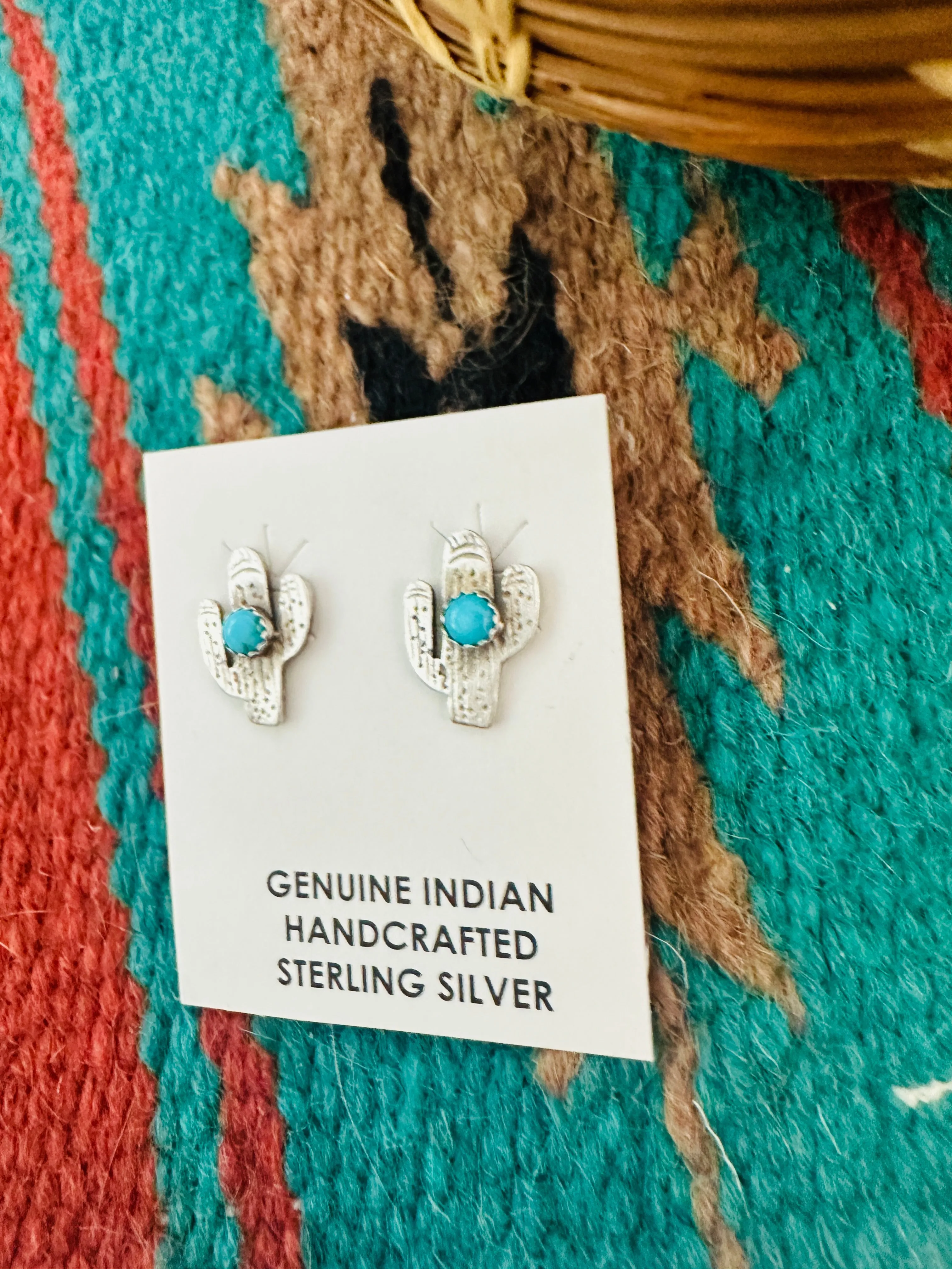 Navajo Sterling Silver & Turquoise Cactus Stud Earrings