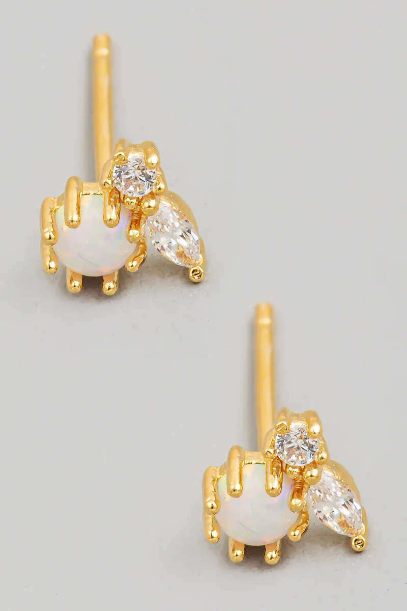 Opal and Double Rhinestone Stud Earrings in Gold