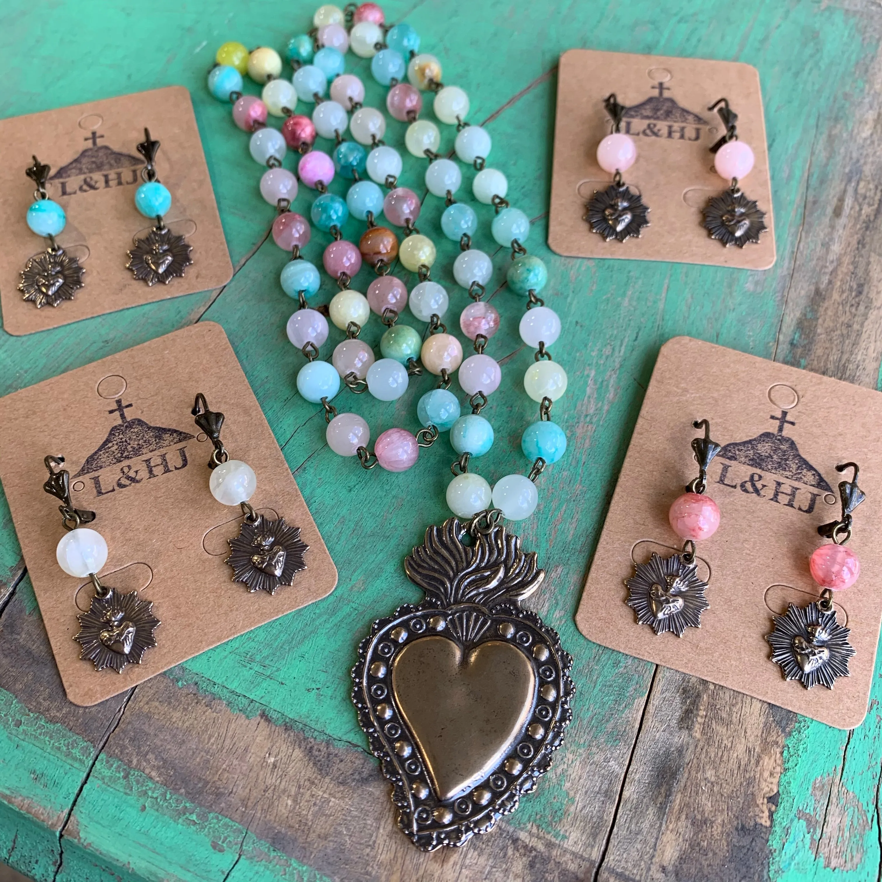 Pastel Sacred Heart Necklace and Earrings